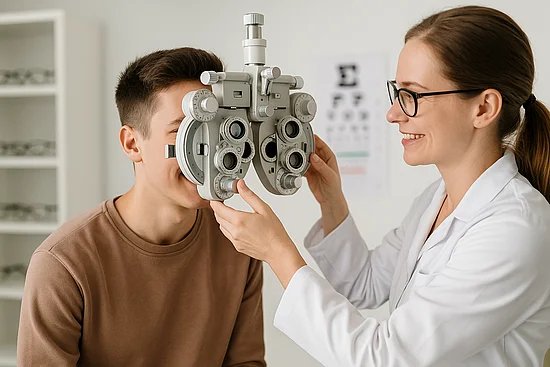 Eine Optikerin untersucht die Augen eines jungen Mannes