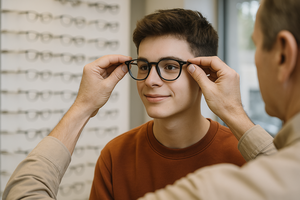 Junger Mann probiert beim Optiker eine Brille nach dem Sehtest an