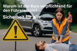 Junge Frau leistet Erste Hilfe nach einem Unfall auf der Straße mit Warnschild im Vordergrund