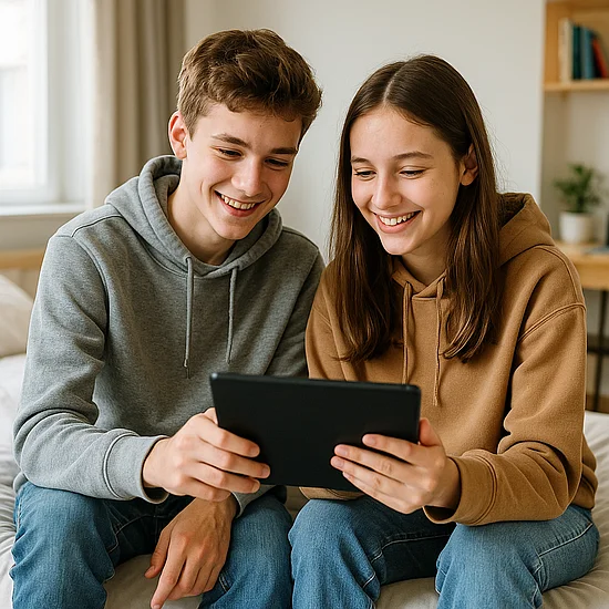 Zwei Teenager schauen gemeinsam lächelnd auf ein Tablet