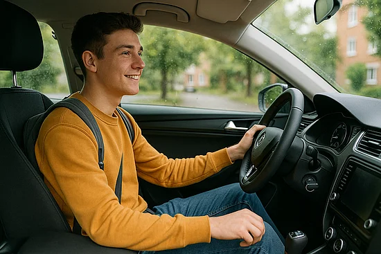 Ein junger Mann mit Rucksack fährt lächelnd Auto.