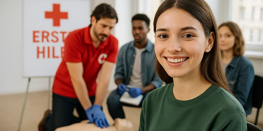 Erste-Hilfe-Kurs: Lächelnde Frau im Vordergrund