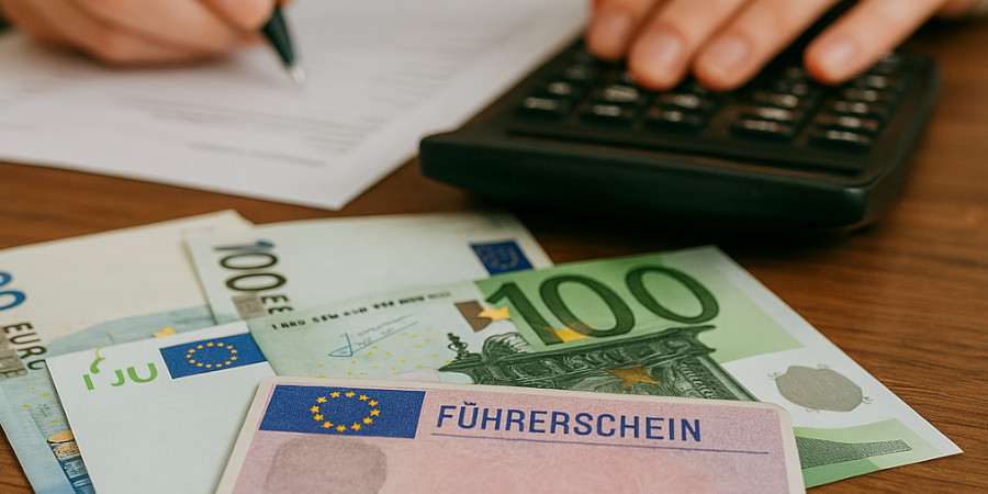 Deutscher Führerschein mit Euro-Geldscheinen und Taschenrechner – Kostenübersicht zum Führerschein